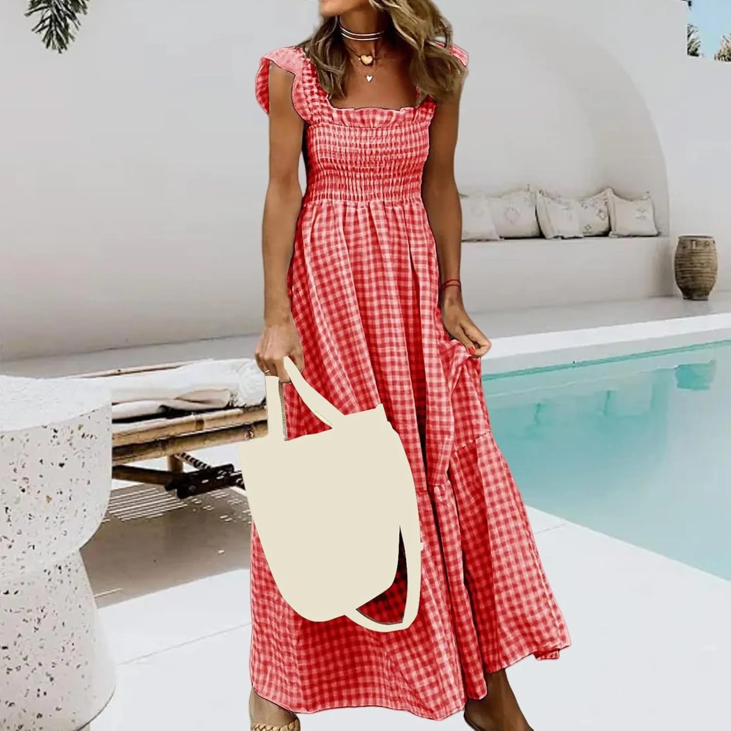 Womens Retro Plaid Smocked Dress Casual Summer Spaghetti Strap Square Neck Midi Dress Flowy A Line Long Dresses