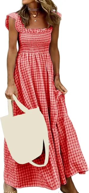 Womens Retro Plaid Smocked Dress Casual Summer Spaghetti Strap Square Neck Midi Dress Flowy A Line Long Dresses