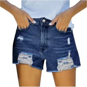 Womens Ripped Jean Shorts High Waisted Cropped Shorts Button Waistband Short Jeans Street Trendy Blue Denim Shorts