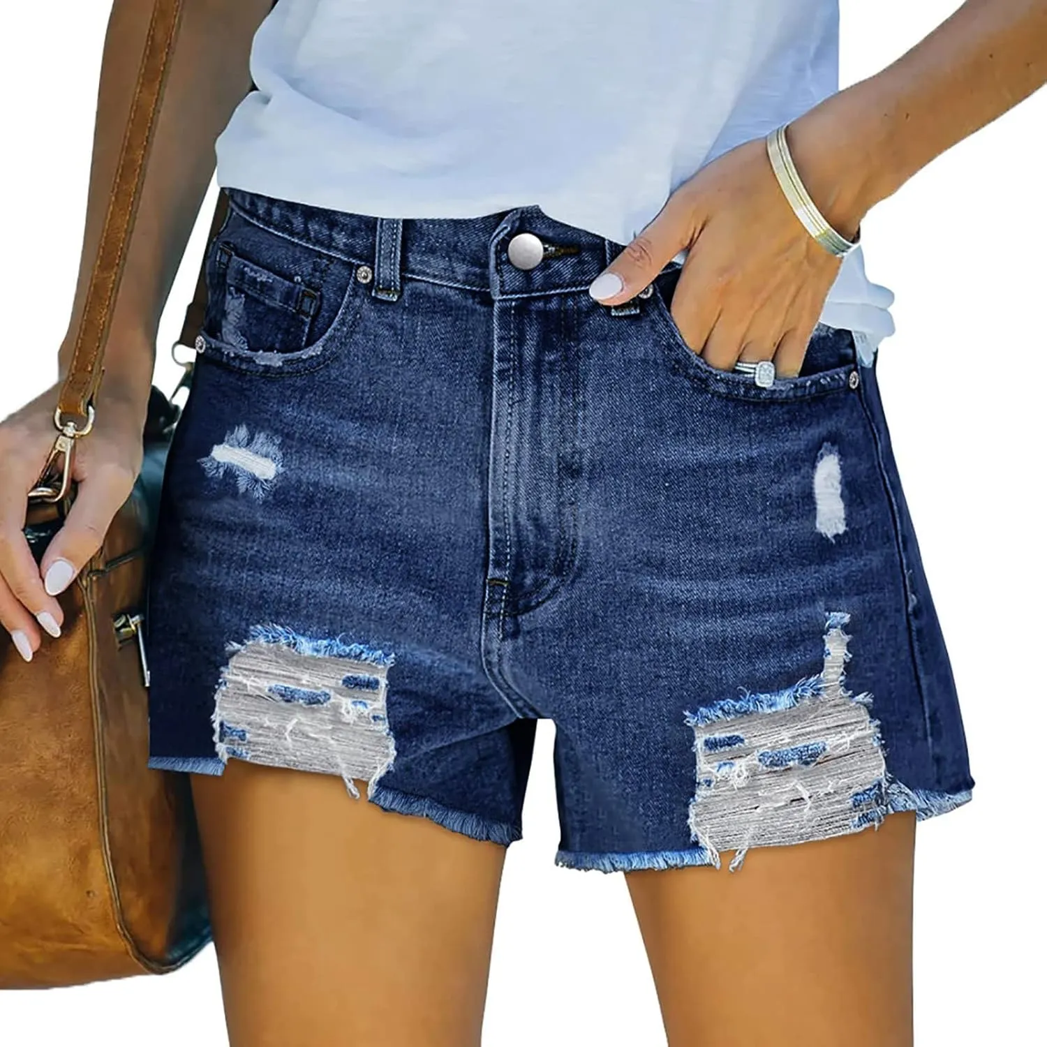 Womens Ripped Jean Shorts High Waisted Cropped Shorts Button Waistband Short Jeans Street Trendy Blue Denim Shorts