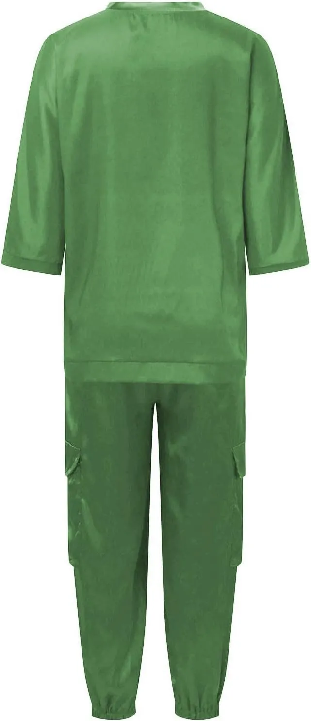 Womens Satin 2 Piece Outfits Silk Lounge Sets 3/4 Sleeve Patchwork Tops and Wide Leg Satin Pants Sets Loungewear
