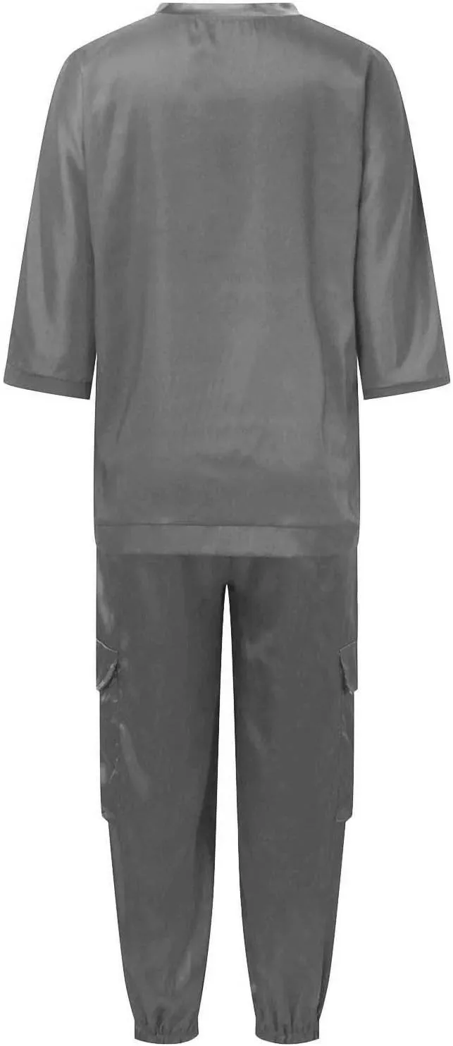 Womens Satin 2 Piece Outfits Silk Lounge Sets 3/4 Sleeve Patchwork Tops and Wide Leg Satin Pants Sets Loungewear