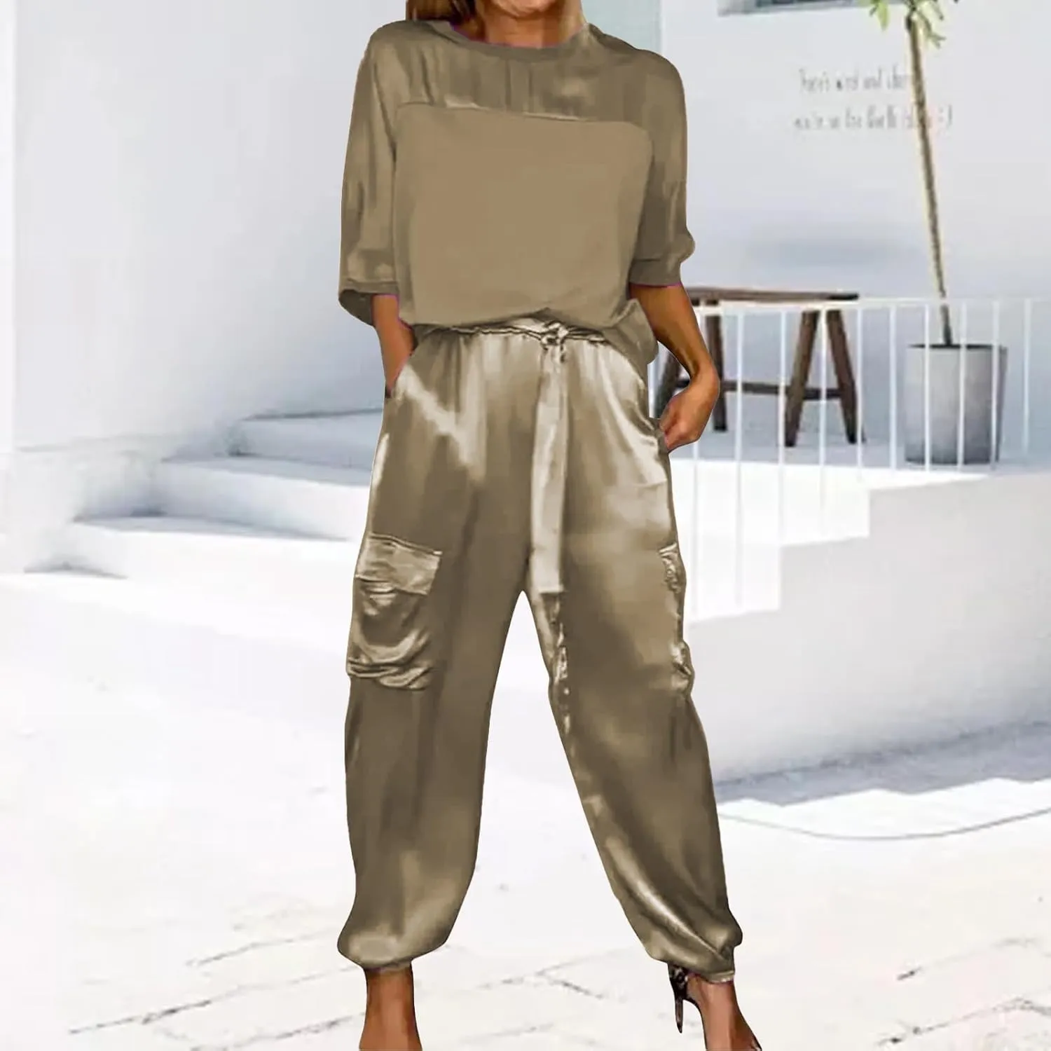 Womens Satin 2 Piece Outfits Silk Lounge Sets 3/4 Sleeve Patchwork Tops and Wide Leg Satin Pants Sets Loungewear