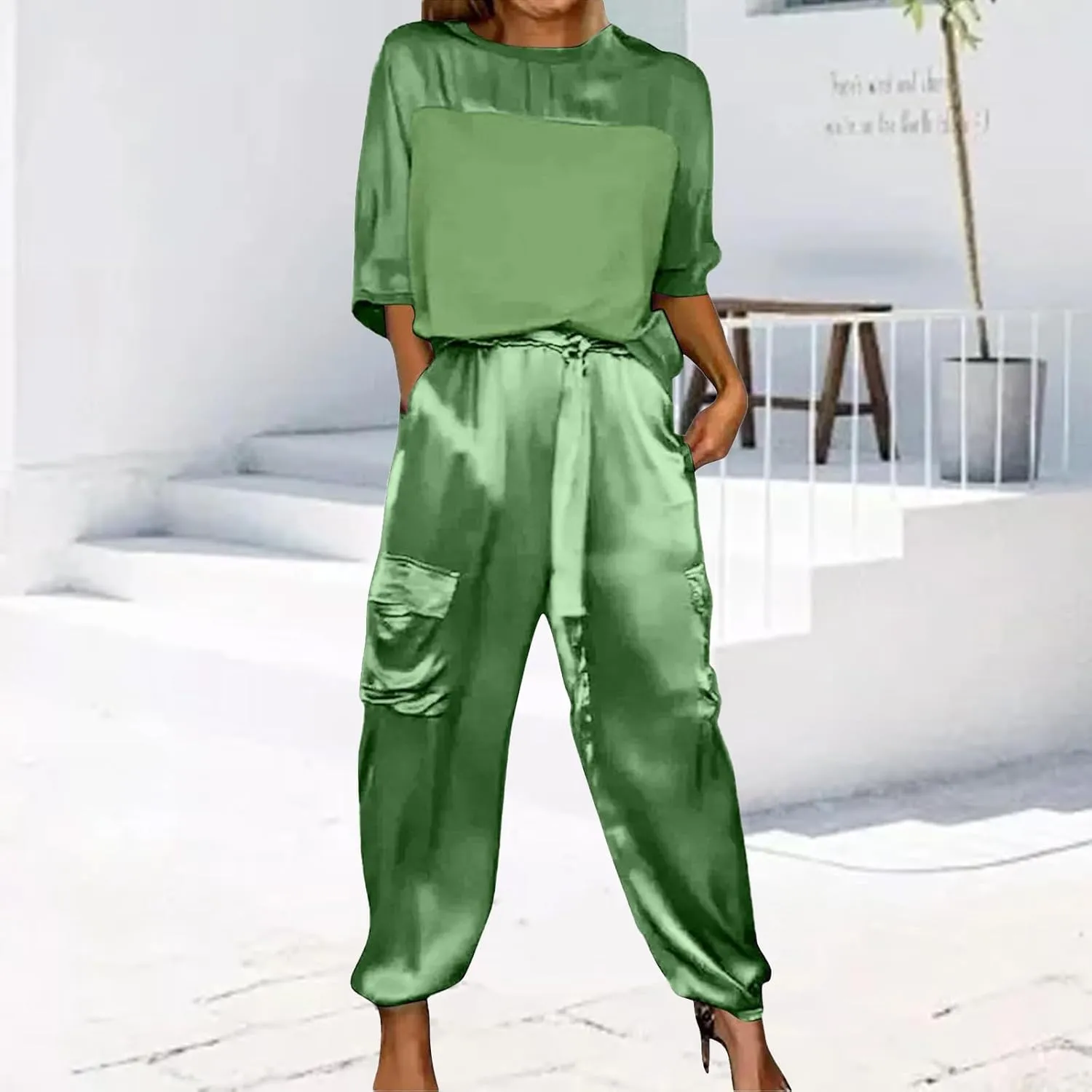 Womens Satin 2 Piece Outfits Silk Lounge Sets 3/4 Sleeve Patchwork Tops and Wide Leg Satin Pants Sets Loungewear
