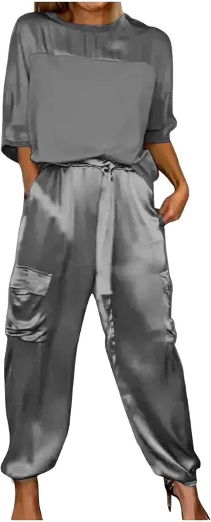 Womens Satin 2 Piece Outfits Silk Lounge Sets 3/4 Sleeve Patchwork Tops and Wide Leg Satin Pants Sets Loungewear