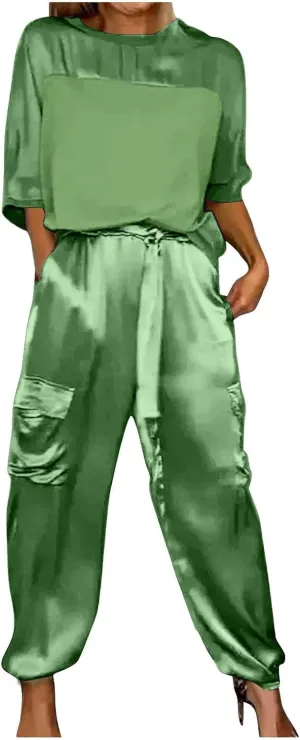 Womens Satin 2 Piece Outfits Silk Lounge Sets 3/4 Sleeve Patchwork Tops and Wide Leg Satin Pants Sets Loungewear