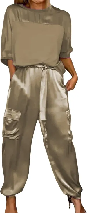 Womens Satin 2 Piece Outfits Silk Lounge Sets 3/4 Sleeve Patchwork Tops and Wide Leg Satin Pants Sets Loungewear
