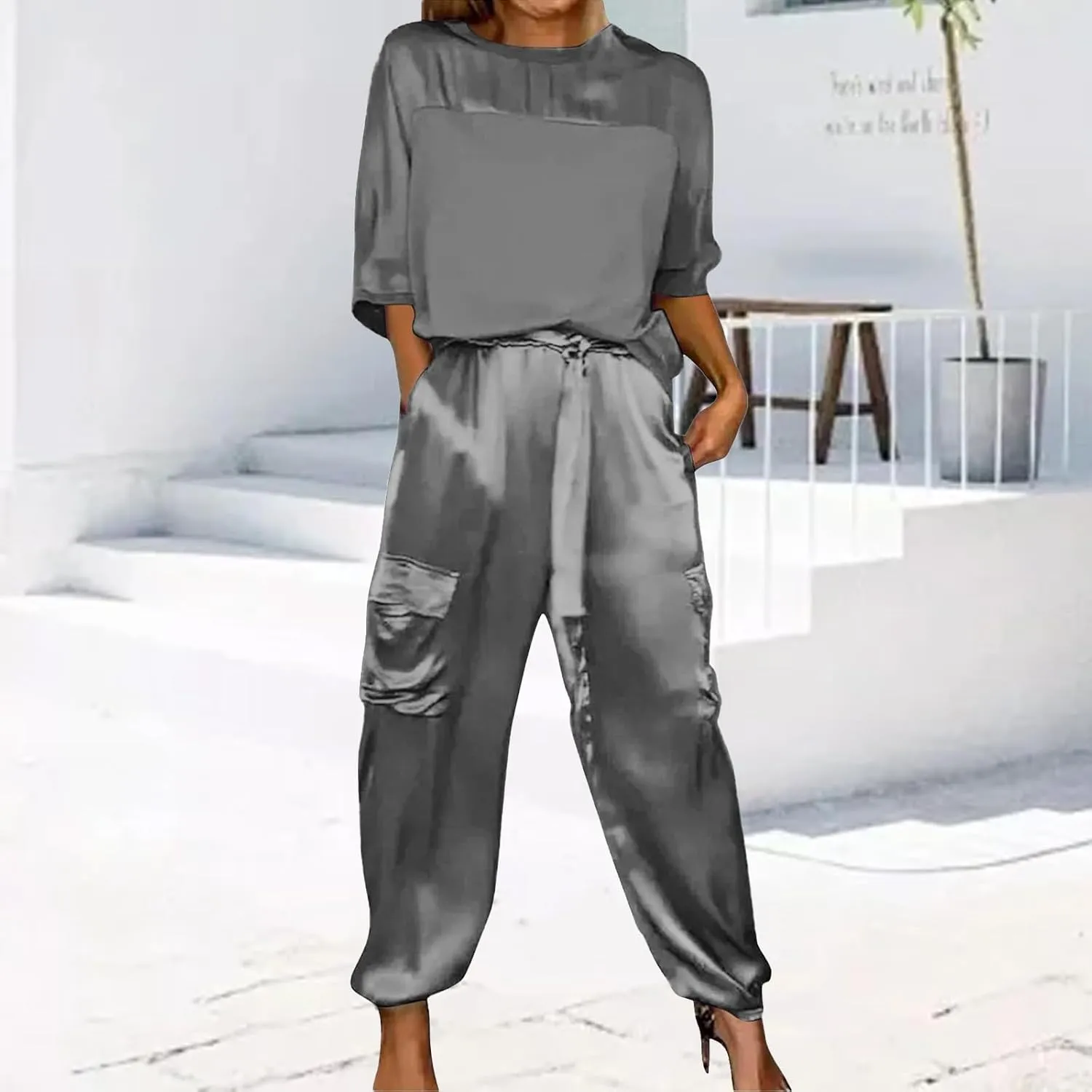 Womens Satin 2 Piece Outfits Silk Lounge Sets 3/4 Sleeve Patchwork Tops and Wide Leg Satin Pants Sets Loungewear