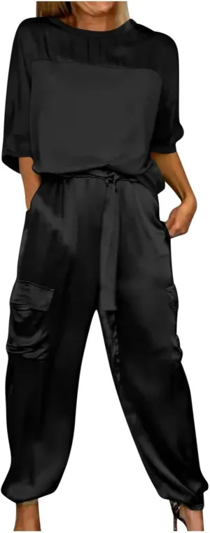 Womens Satin 2 Piece Outfits Silk Lounge Sets Casual Loose Color Block 3/4 Sleeve Tops and Wide Leg Satin Pants Sets