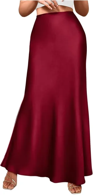 Women's Satin High Waist Skirt Silk Summer Flared A-Line Maxi Skirts Elegant Cocktail Party Wedding Skirt