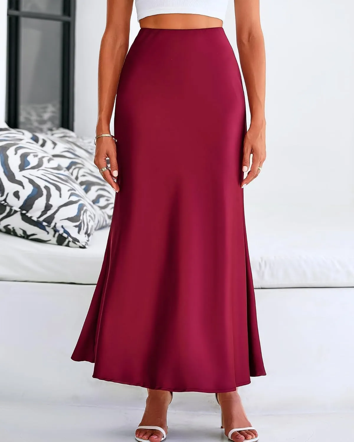 Women's Satin High Waist Skirt Silk Summer Flared A-Line Maxi Skirts Elegant Cocktail Party Wedding Skirt
