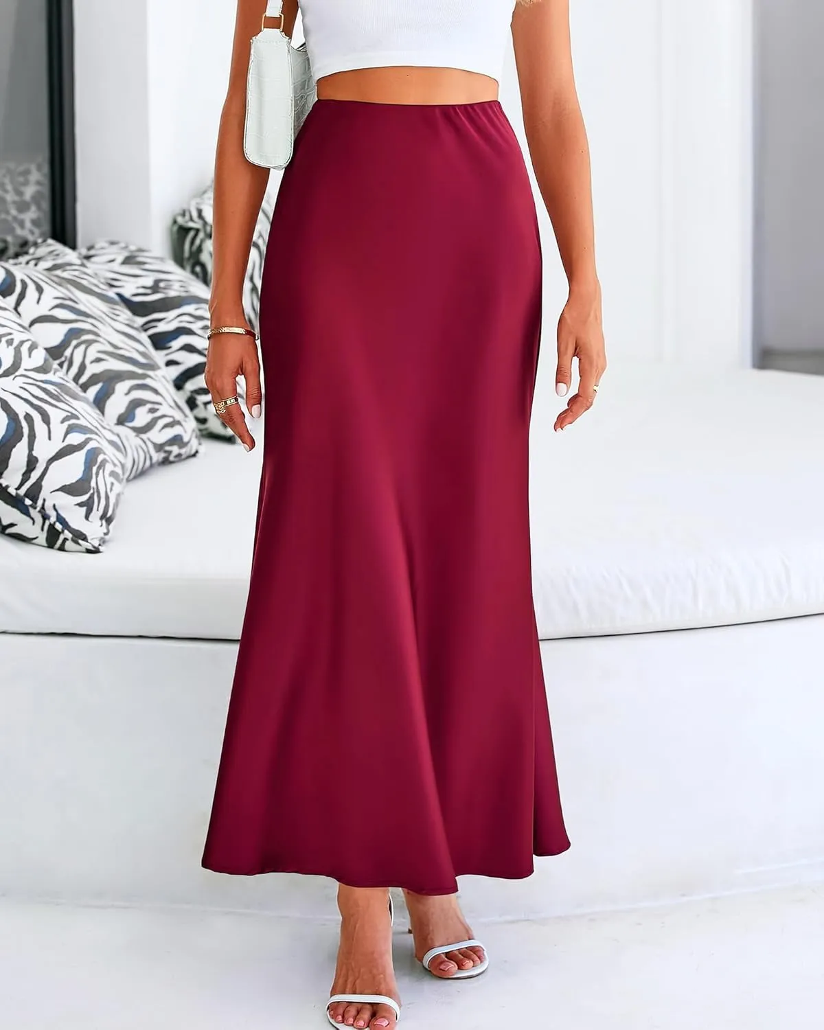 Women's Satin High Waist Skirt Silk Summer Flared A-Line Maxi Skirts Elegant Cocktail Party Wedding Skirt