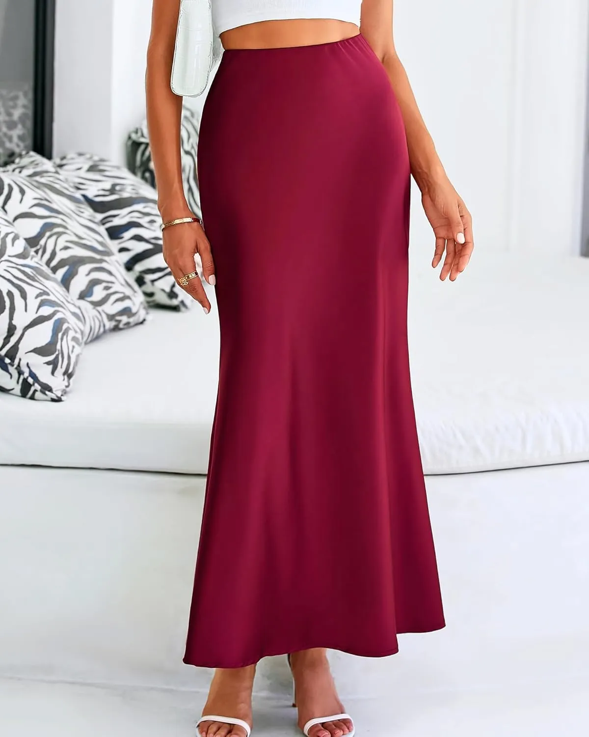 Women's Satin High Waist Skirt Silk Summer Flared A-Line Maxi Skirts Elegant Cocktail Party Wedding Skirt