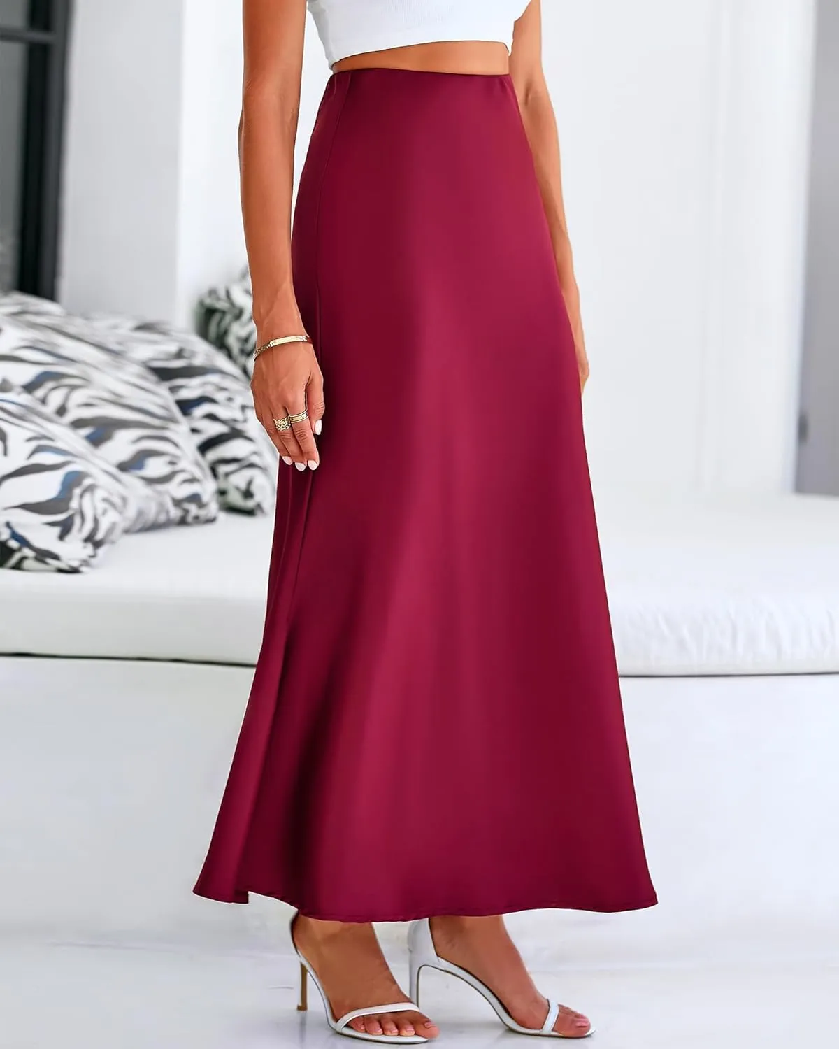 Women's Satin High Waist Skirt Silk Summer Flared A-Line Maxi Skirts Elegant Cocktail Party Wedding Skirt