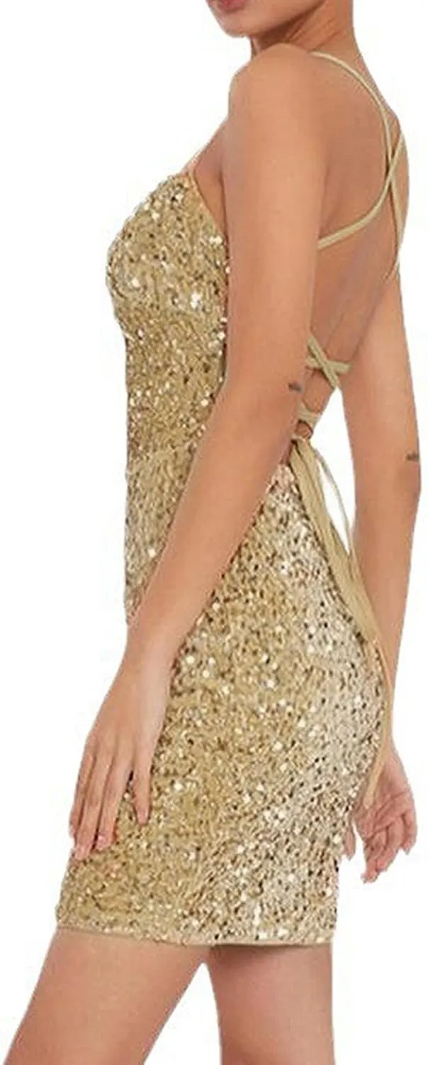 Women's Sequin Bodycon Mini Dress Sparkly Dress Sexy Criss Cross Open Back Short Dress