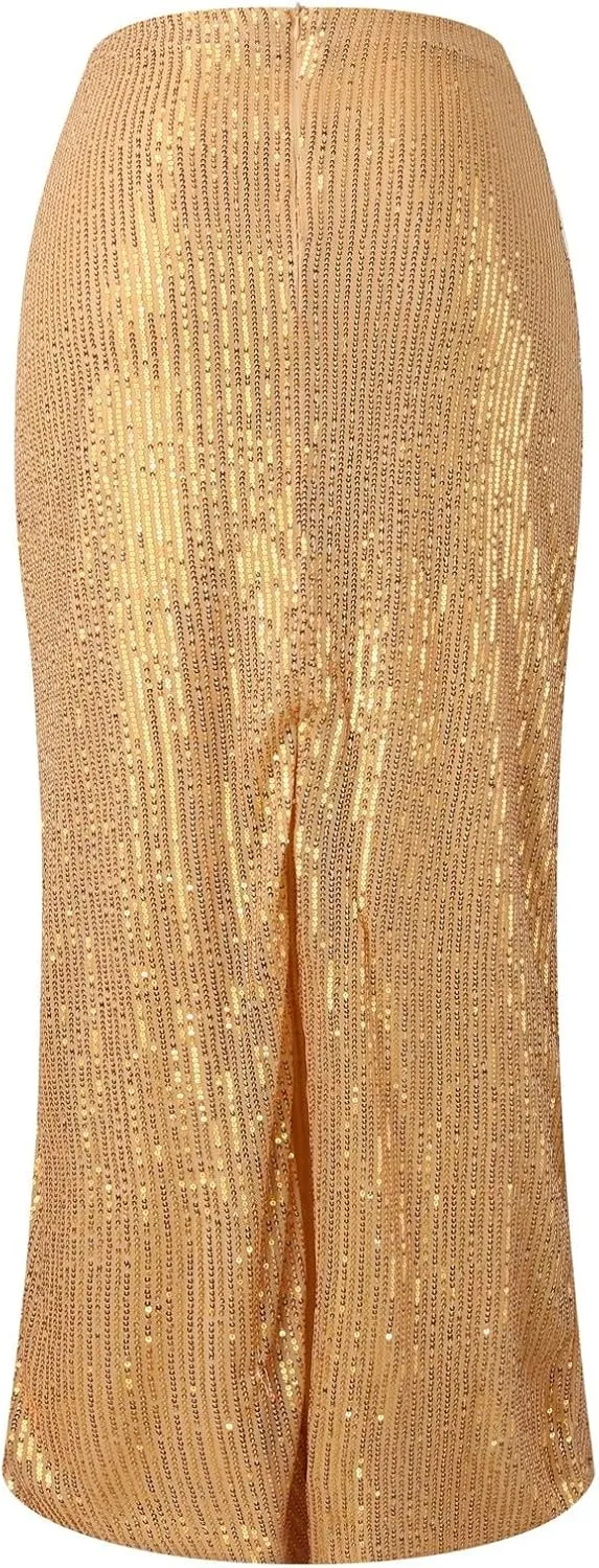 Women's Sequin Skirt Stretchy Bodycon High Waist Glitter Sequins Pencil Maxi Long Skirts for Women Party Night