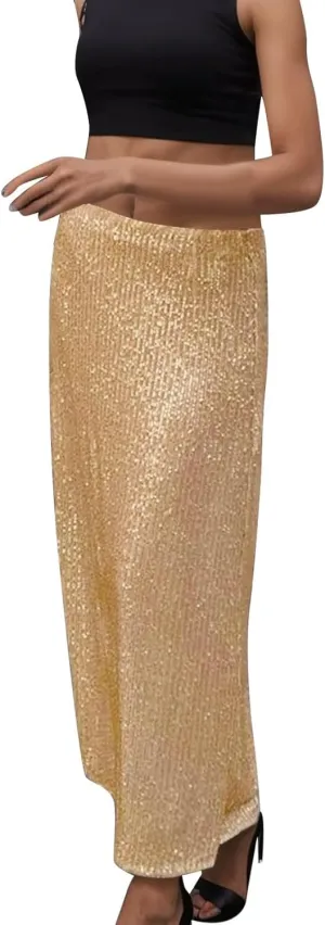 Women's Sequin Skirt Stretchy Bodycon High Waist Glitter Sequins Pencil Maxi Long Skirts for Women Party Night