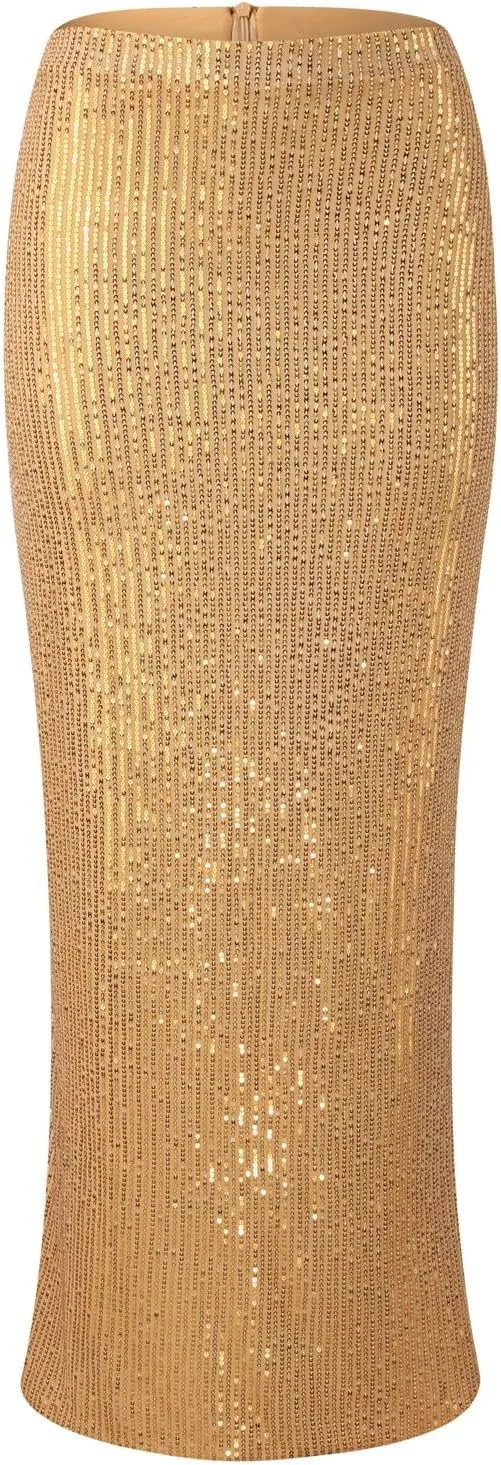 Women's Sequin Skirt Stretchy Bodycon High Waist Glitter Sequins Pencil Maxi Long Skirts for Women Party Night
