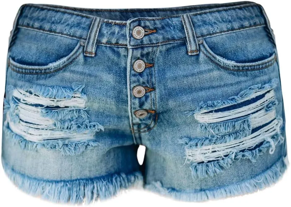 Womens Sexy Low Rise Ripped Jean Shorts Button Up Cut Off Jeans Shorts Casual Summer Cute Distressed Denim Shorts