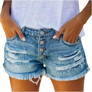 Womens Sexy Low Rise Ripped Jean Shorts Button Up Cut Off Jeans Shorts Casual Summer Cute Distressed Denim Shorts