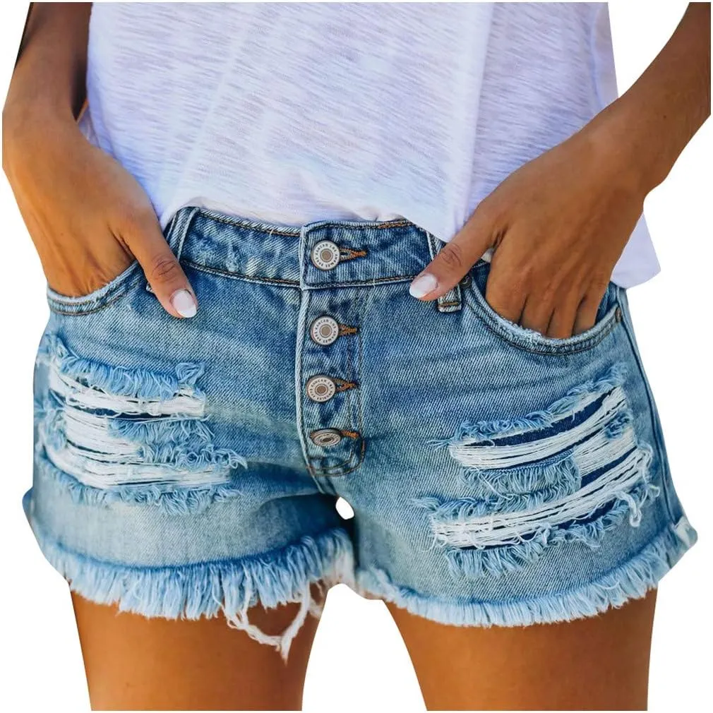 Womens Sexy Low Rise Ripped Jean Shorts Button Up Cut Off Jeans Shorts Casual Summer Cute Distressed Denim Shorts