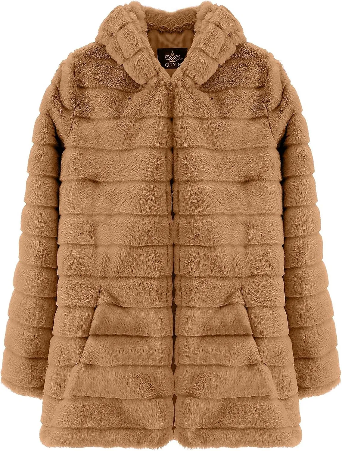 Womens Shaggy Winter Coat Long Faux Fur Trench Coat with Hood Open Front Faux Mink Cardigan Plus Size Winter Jackets