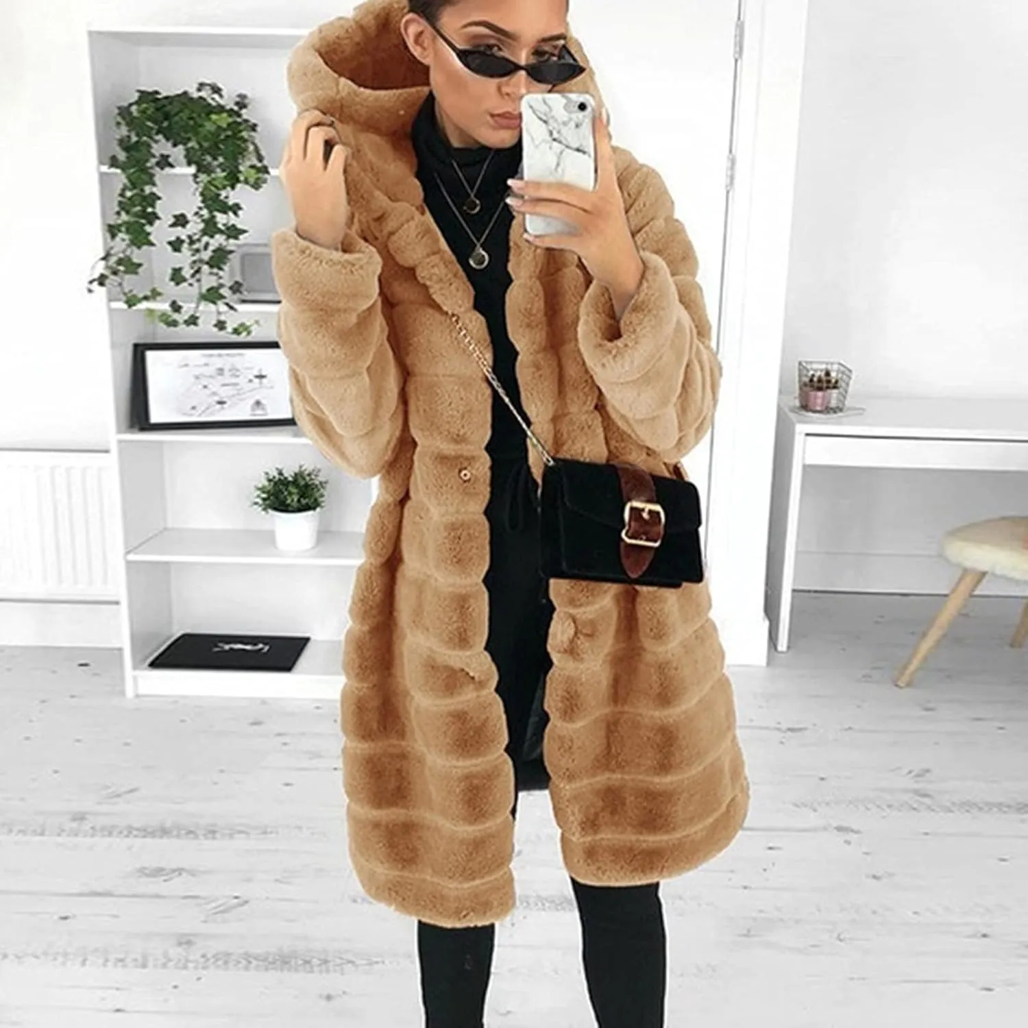 Womens Shaggy Winter Coat Long Faux Fur Trench Coat with Hood Open Front Faux Mink Cardigan Plus Size Winter Jackets