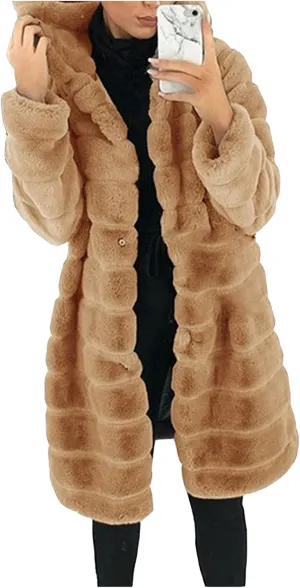 Womens Shaggy Winter Coat Long Faux Fur Trench Coat with Hood Open Front Faux Mink Cardigan Plus Size Winter Jackets