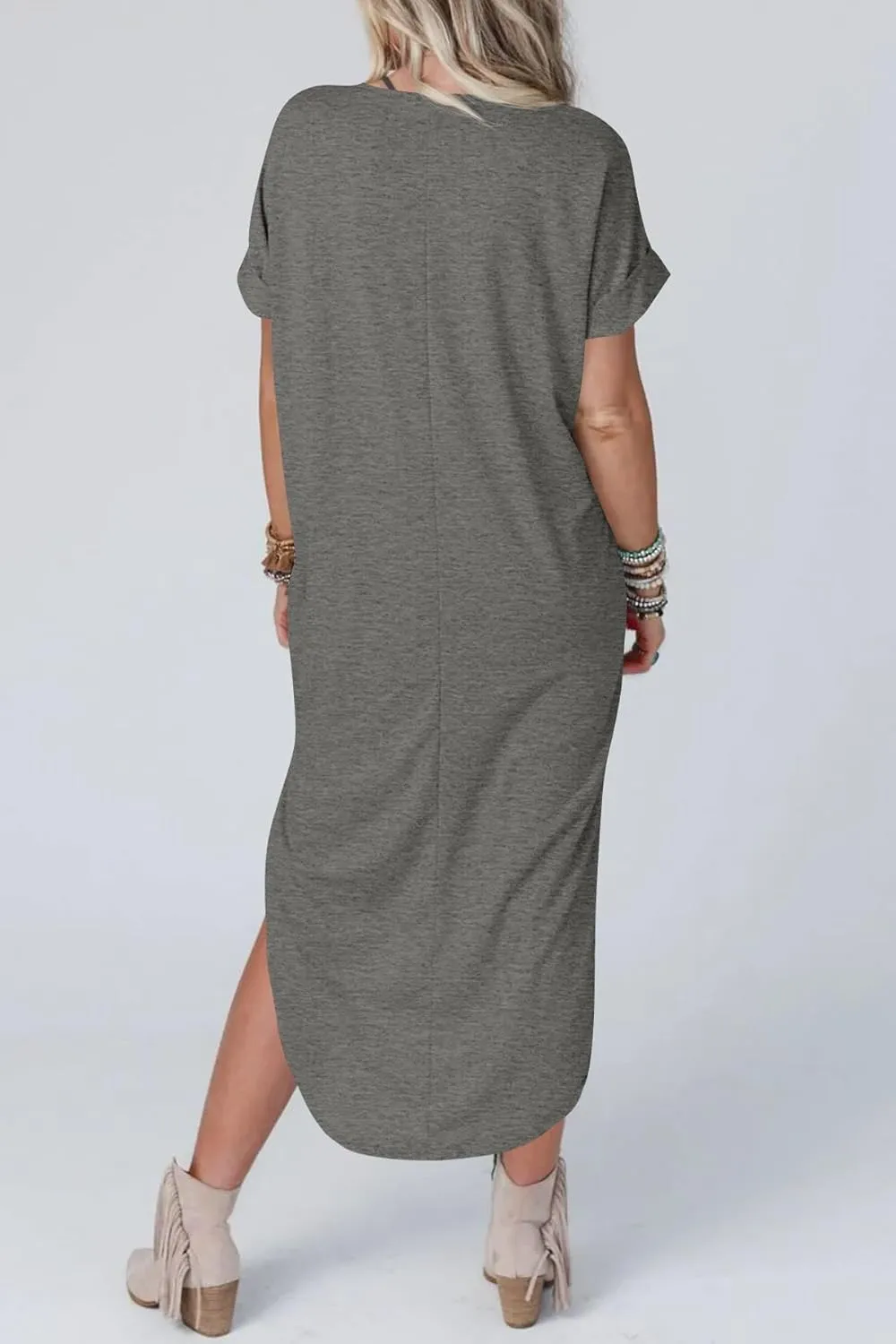 Womens Short Sleeve Maxi Dress V Neck T Shirt Slit Dress Casual Loose Beach Sundress with Pockets
