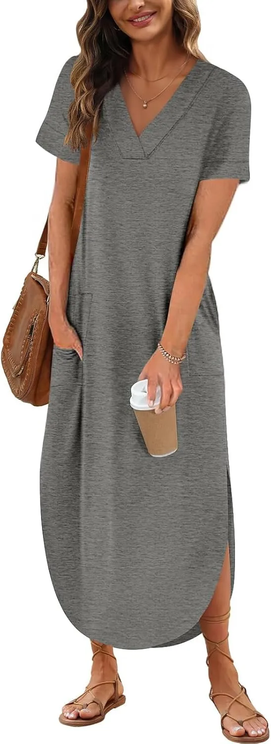 Womens Short Sleeve Maxi Dress V Neck T Shirt Slit Dress Casual Loose Beach Sundress with Pockets