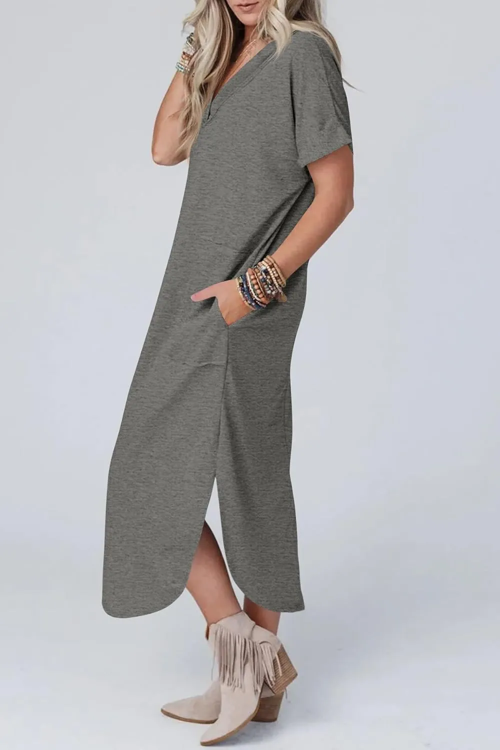 Womens Short Sleeve Maxi Dress V Neck T Shirt Slit Dress Casual Loose Beach Sundress with Pockets