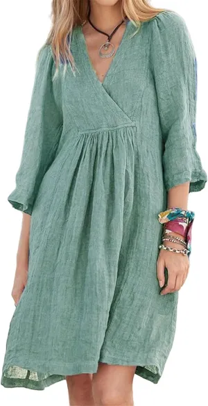 Women's Short Sleeve Tunic Dress V Neck Linen Loose Half Sleeve Pleated Cute Casual Dresses Solid Vacation Boho Dress