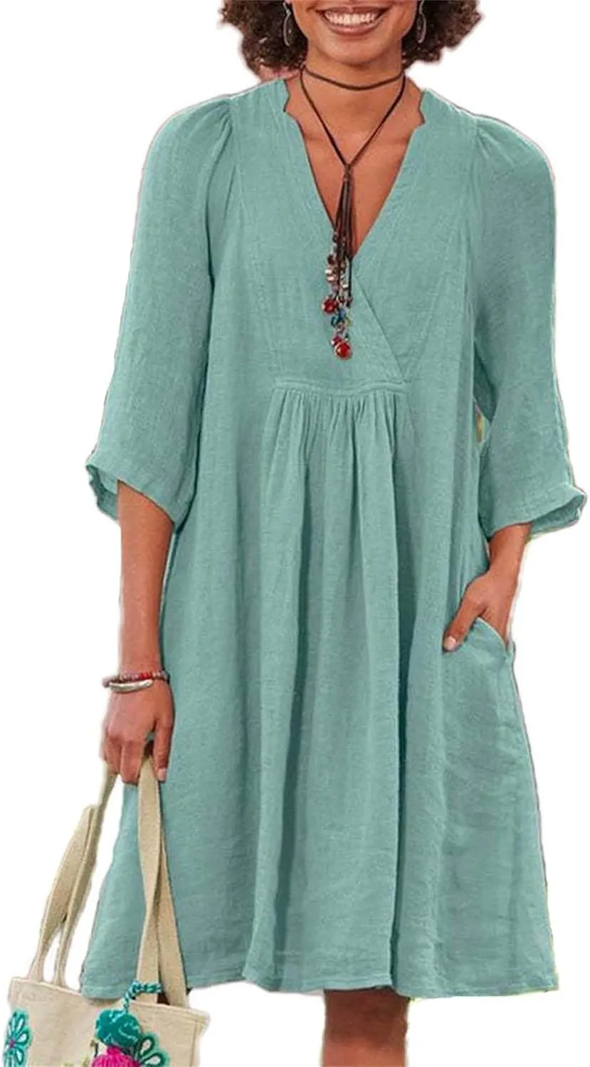Women's Short Sleeve Tunic Dress V Neck Linen Loose Half Sleeve Pleated Cute Casual Dresses Solid Vacation Boho Dress