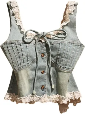 Womens Sleeveless Denim Vest Crop Tank Tops Lace Trim Buttons Lace Up Sleeveless Y2k Jean Top