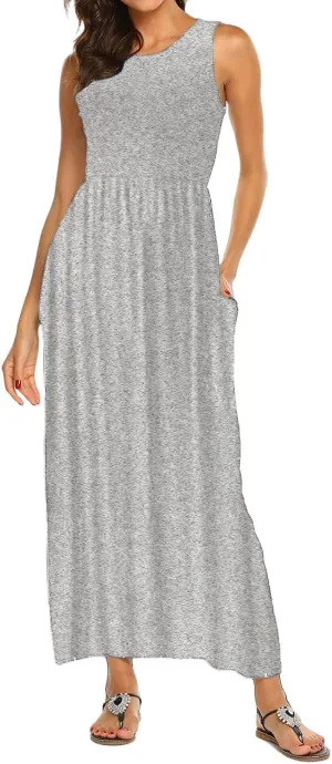 Women's Sleeveless Maxi Dress Patchwork Tank Top Flowy Dress Summer Pleated Long Sundress with Pockets