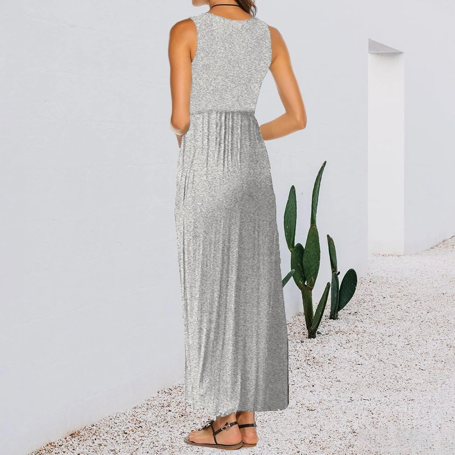 Women's Sleeveless Maxi Dress Patchwork Tank Top Flowy Dress Summer Pleated Long Sundress with Pockets