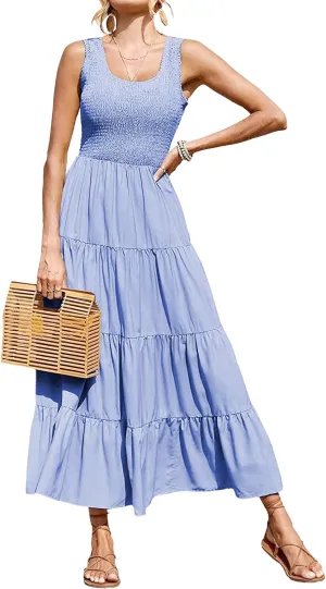 Women's Smocked Tank Dress Casual Elegant Flowy A Line Maxi Dresses 2025 Summer Sleeveless Beach Tiered Long Dresses