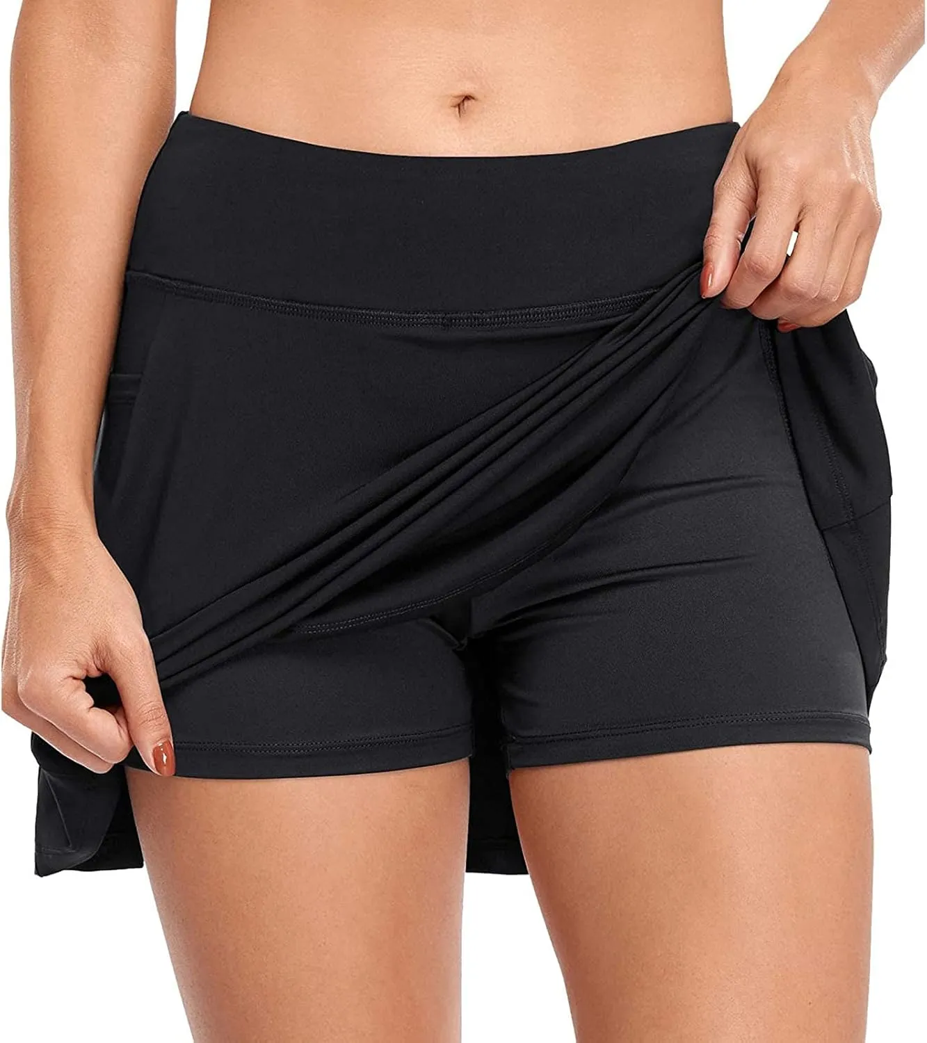 Women's Stretchy Flared Pleated Mini Skirt Skater Skirt with Shorts Sports Elastic Shorts Skirts Inner Tennis (Black, M)