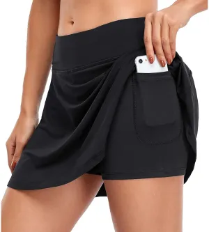 Women's Stretchy Flared Pleated Mini Skirt Skater Skirt with Shorts Sports Elastic Shorts Skirts Inner Tennis (Black, M)