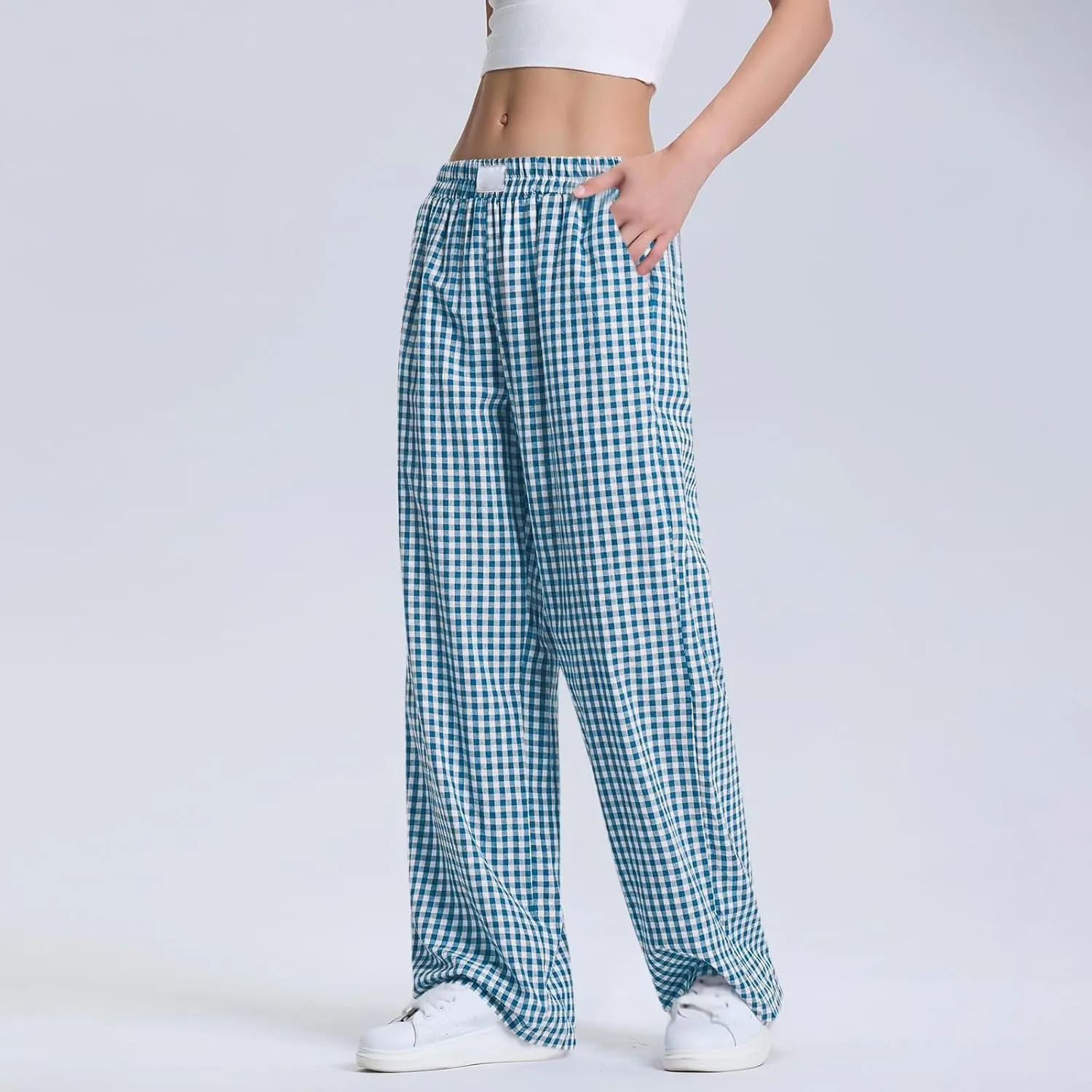 Women's Striped Gingham Boxer Pant Wide Leg Elastic Waist Pajama Lounge Pj Plaid TrousersY2K Beach Bottoms with Pocket
