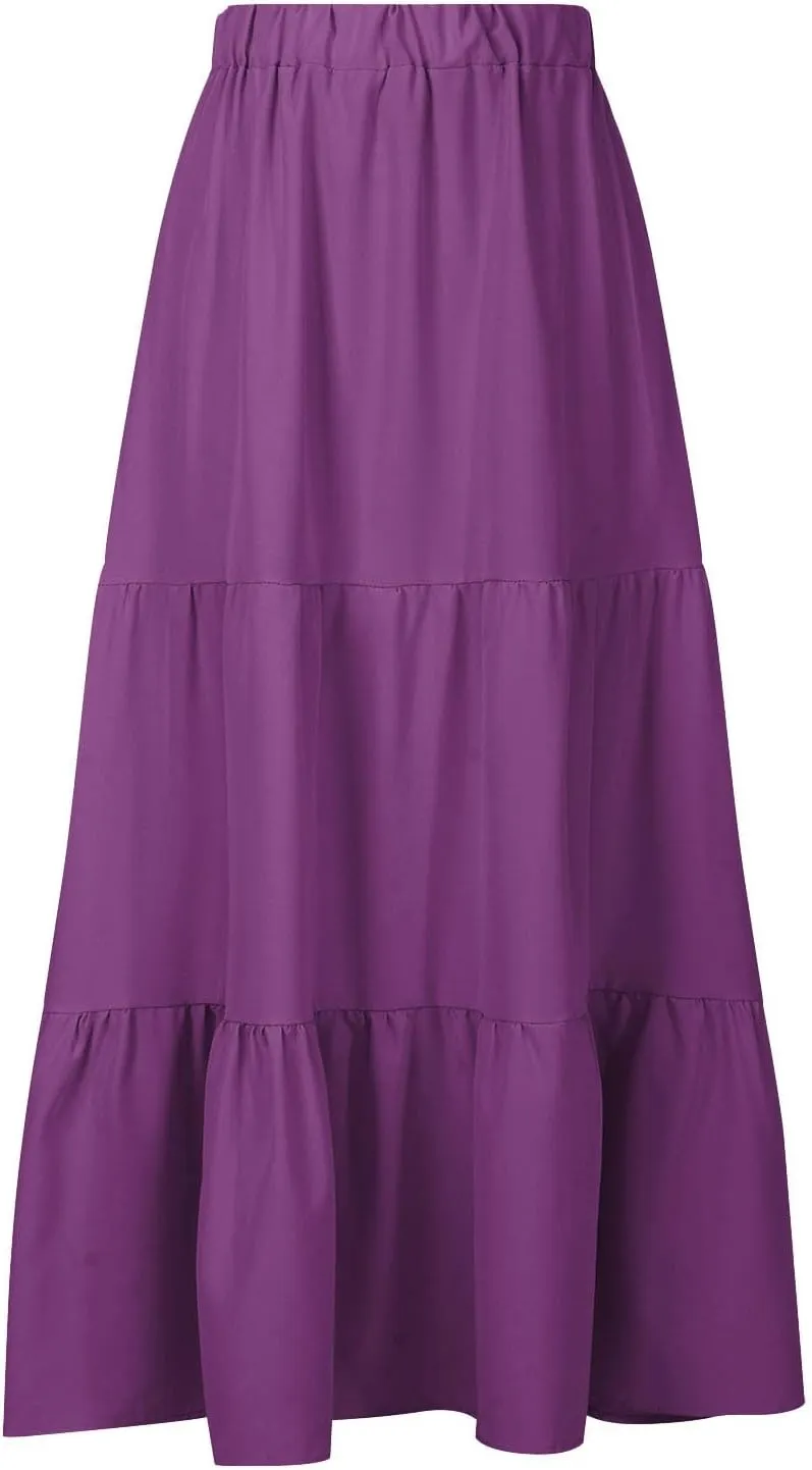 Womens Summer Boho Flowy Swing Tiered A-Line Long Skirt Trendy 2025 Elastic Waist Pleated Beach Vacation Maxi Skirt