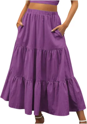 Womens Summer Boho Flowy Swing Tiered A-Line Long Skirt Trendy 2025 Elastic Waist Pleated Beach Vacation Maxi Skirt