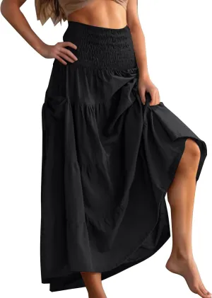 Womens Summer Boho Flowy Swing Tiered A-Line Maxi Skirt 2025 Fashion Trendy Elastic Waist Pleated Layered Long Beach Dress