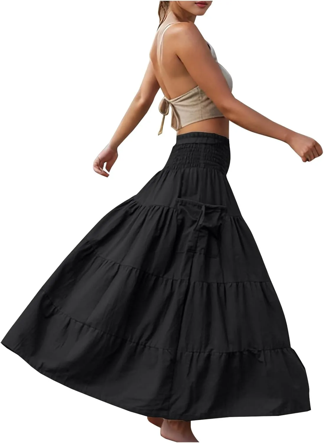 Womens Summer Boho Flowy Swing Tiered A-Line Maxi Skirt 2025 Fashion Trendy Elastic Waist Pleated Layered Long Beach Dress
