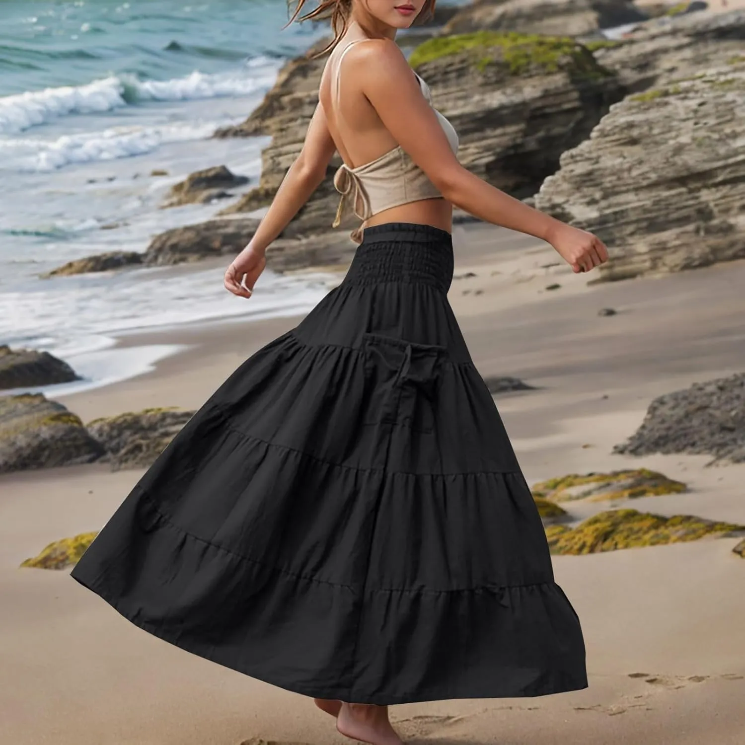 Womens Summer Boho Flowy Swing Tiered A-Line Maxi Skirt 2025 Fashion Trendy Elastic Waist Pleated Layered Long Beach Dress