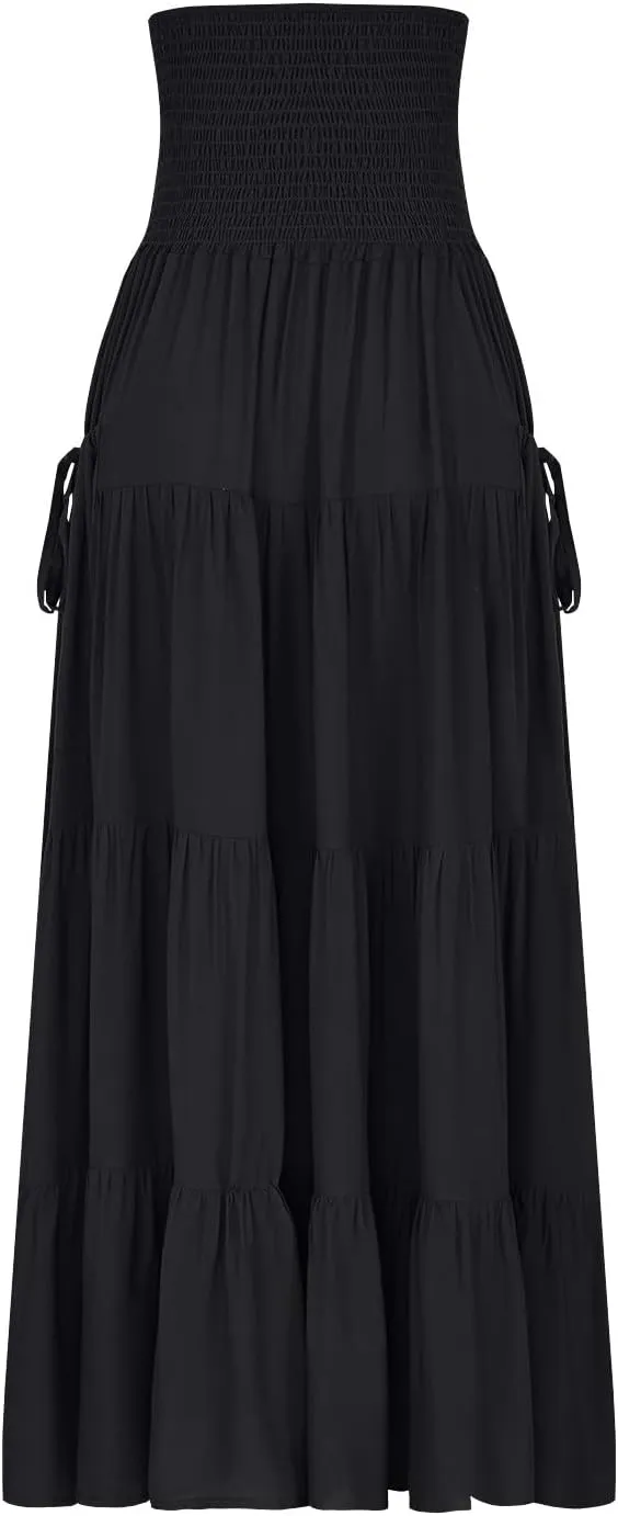 Womens Summer Boho Flowy Swing Tiered A-Line Maxi Skirt 2025 Fashion Trendy Elastic Waist Pleated Layered Long Beach Dress