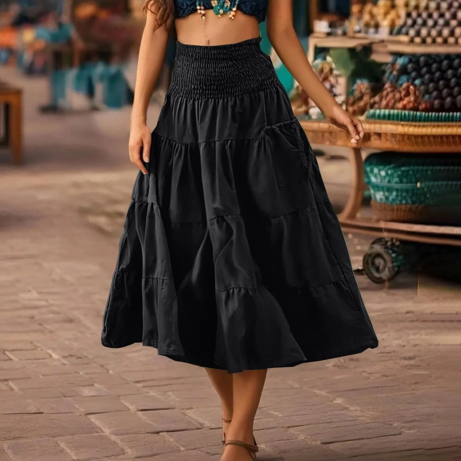 Womens Summer Boho Flowy Swing Tiered A-Line Maxi Skirt 2025 Fashion Trendy Elastic Waist Pleated Layered Long Beach Dress