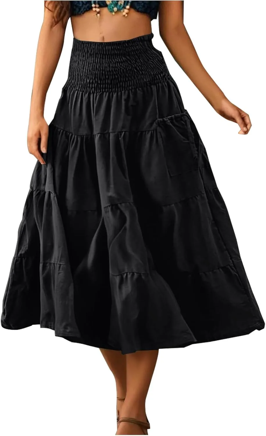 Womens Summer Boho Flowy Swing Tiered A-Line Maxi Skirt 2025 Fashion Trendy Elastic Waist Pleated Layered Long Beach Dress