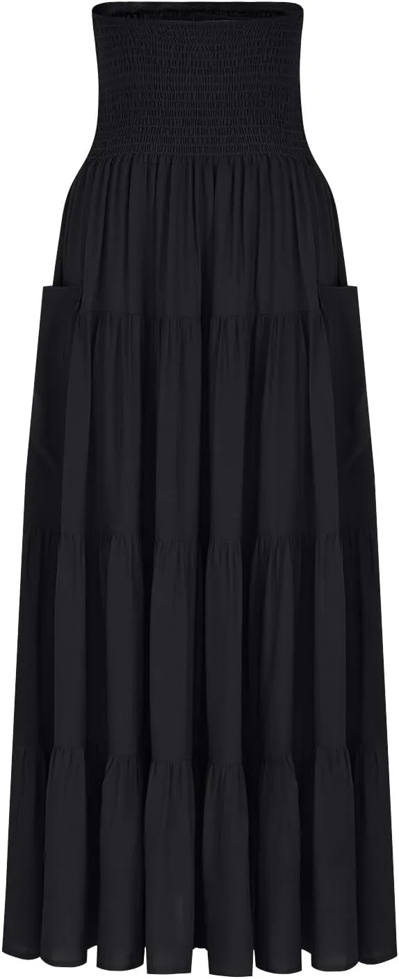 Womens Summer Boho Flowy Swing Tiered A-Line Maxi Skirt 2025 Fashion Trendy Elastic Waist Pleated Layered Long Beach Dress