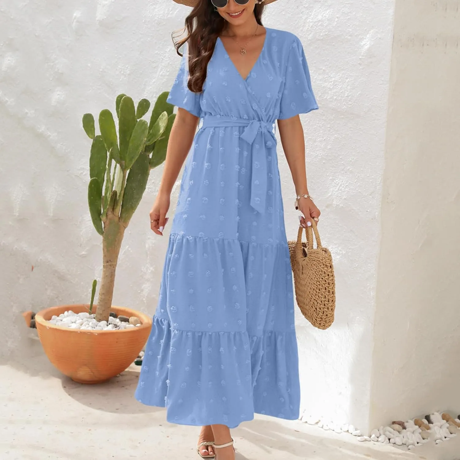 Women's Summer Boho Maxi Dress, Fashion Short Sleeve V-Neck Swiss Dot Casual Clothes High Waist Tie-Up Slim Sundress